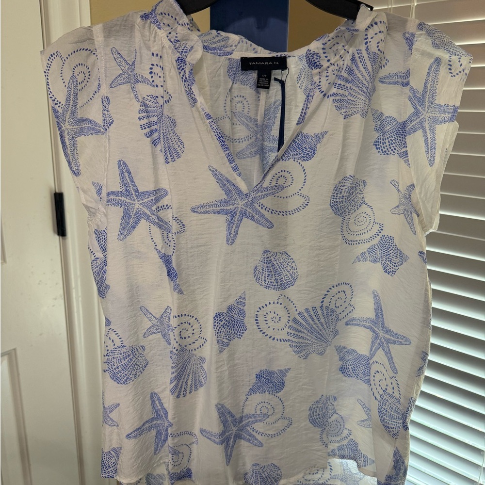 Elegant White and Blue Starfish Blouse